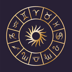 Astrological Zodiac Signs Wheel featuring the significant Sun Symbol at its center. celestial objects, astrology, mystical, space, predict the future