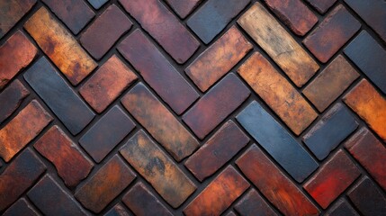 An intricately designed herringbone-patterned brick wall showcasing rich textures in varied shades of red and brown