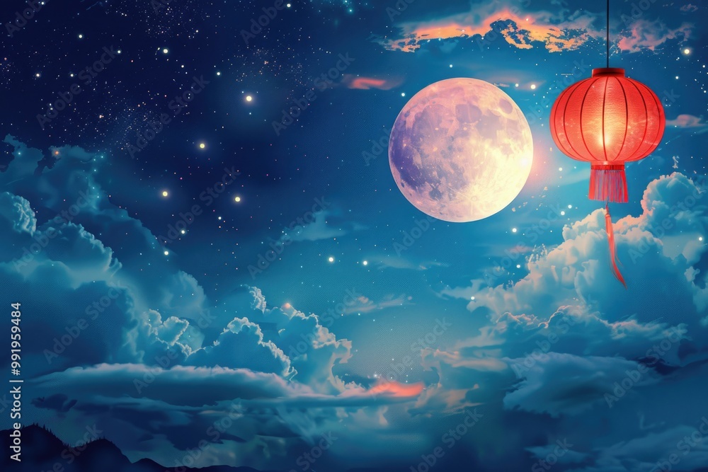 Poster a beautiful night scene featuring a full moon and two red lanterns shining brightly in the sky