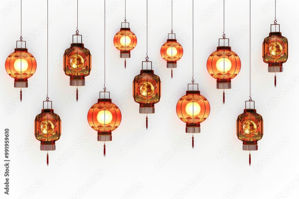 Poster a collection of red lanterns suspended from the ceiling, great for decorating or background use