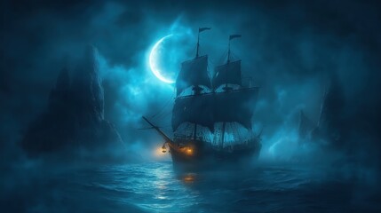 A ghostly ship sails through fog on a mystical ocean beneath a crescent moon, flickering lanterns illuminating the eerie night