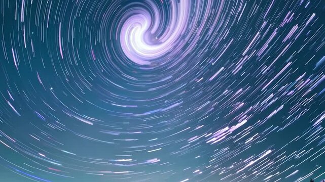 Vibrant trails of stars create a mesmerizing spiral pattern in the night sky, highlighting the dynamic movement of celestial bodies in a tranquil setting