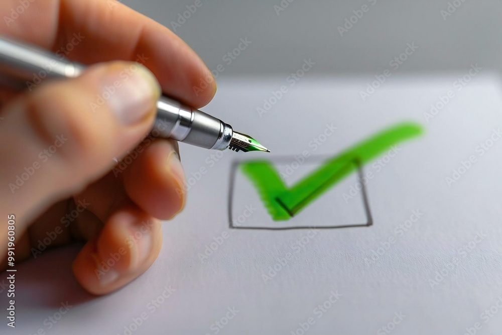 Aufkleber green check mark in a checkbox standing out on a gray background from a higher perspective