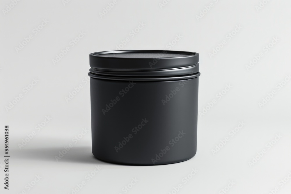 Poster a black container with a lid on a white surface, great for showcasing products or as a background