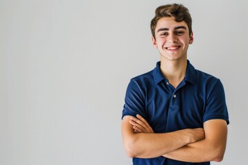 Fototapeta premium A young man stands with his arms crossed, wearing a blue shirt