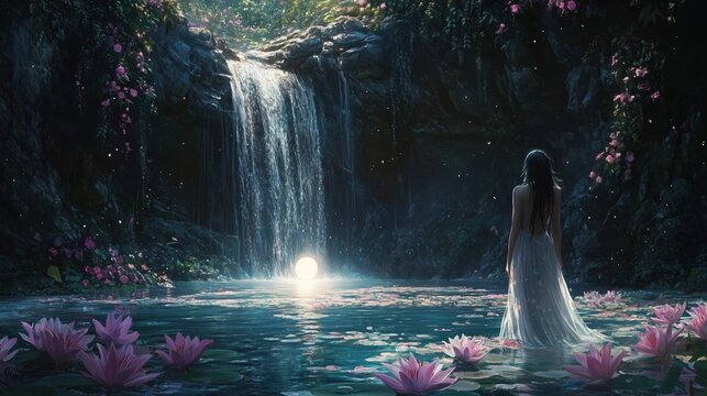 A serene moonlit grotto with a cascading waterfall and a young woman drawn to a glowing orb above a tranquil pool