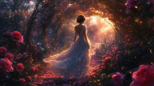A serene twilight stroll through a vibrant rose garden, where colors bloom and magic lingers in the air