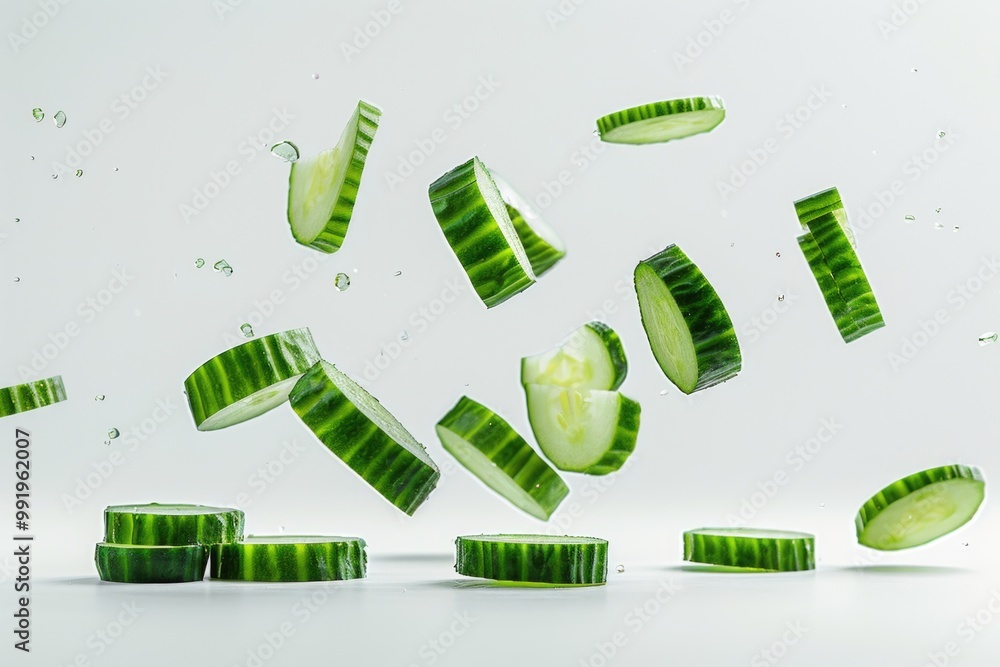 Poster a close-up shot of fresh cucumber slices falling through the air