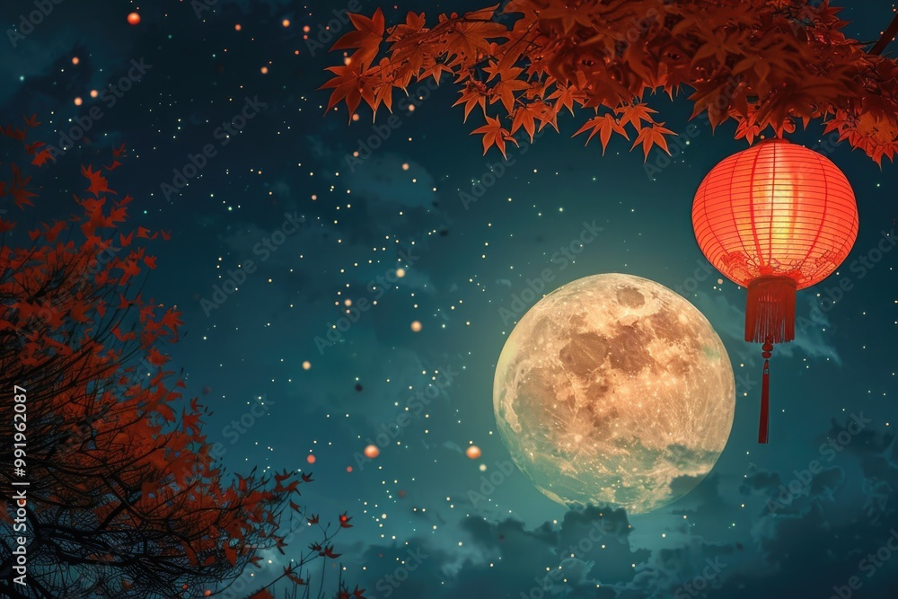 Aufkleber image of a full moon with a red lantern shining brightly in the night sky