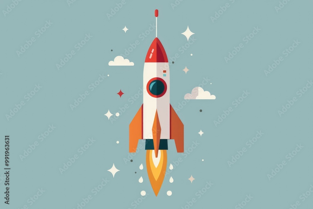 Poster rocket soaring through the clouds with vibrant colors