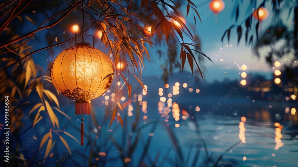 Poster A lantern hangs from a tree above the calm surface of a lake or river, perfect for use in outdoor scenes or as a symbol of guidance