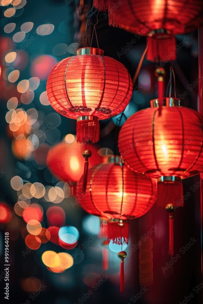 Poster a collection of bright red lanterns suspended from a ceiling, suitable for event or party decoration