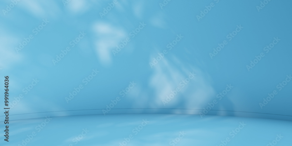 Poster blue minimalist curved studio for product presentation. empty room with shadows of palm leaves. 3d r