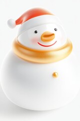 A cheerful and adorable snowman wearing a Santa hat along with a beautiful golden scarf
