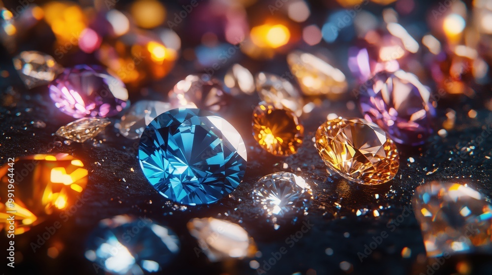 Poster a mesmerizing display of sparkling zircon gemstones in vibrant colors on a reflective surface