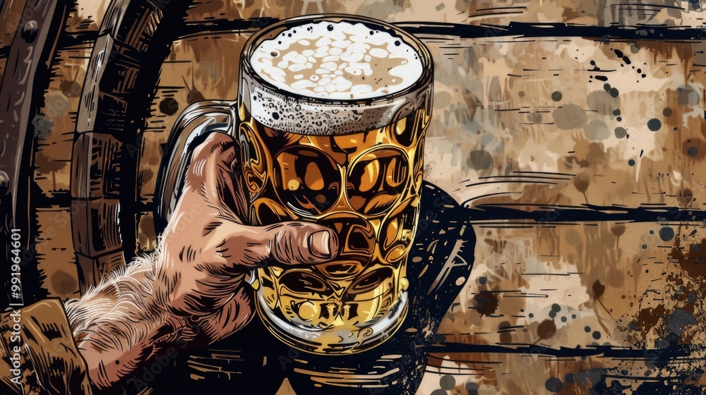 Wall mural A person holds a glass of beer next to a wooden barrel, possibly at a party or social gathering