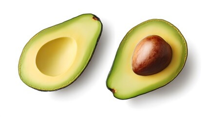 Realistic display of ripe avocados sliced in half on a white background, highlighting their creamy green interior and smooth brown skin