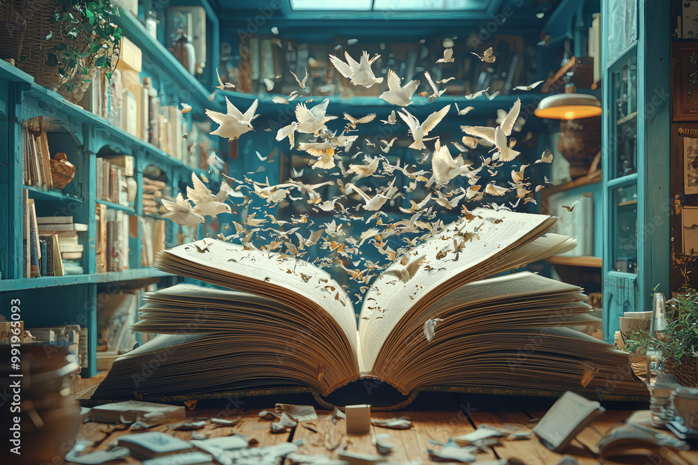 Poster an open book with its pages turning into birds flying away, symbolizing the power of knowledge and i