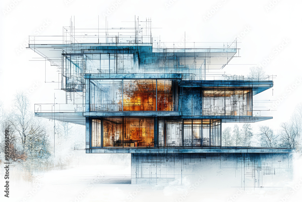 Poster an architect's form intertwined with blueprints, representing the vision and creation of new spaces 