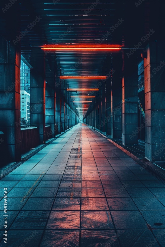 Poster a long walkway illuminated by red lights, perfect for use in event or celebration scenes