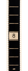 Vertical vintage movie reel tail with countdown number eight on transparent background