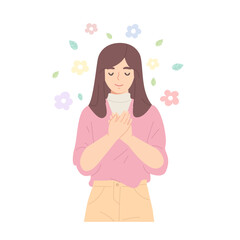 Peaceful woman is embracing her self with peace of mind isolated on white background. Concept of self-love, acceptance, mental health, self awareness, mental well-being. Flat vector illustration.