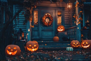 Obraz premium Pumpkins sitting on the front steps of a house, a classic Halloween decoration