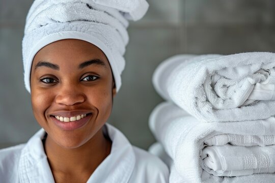 A woman holds a stack of towels in her hands, ready for use