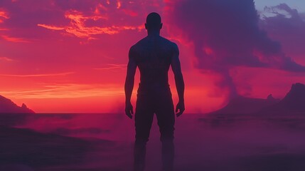 Obraz premium A tattooed warrior stands alone in the desert at twilight, gazing towards the horizon as dust swirls around him