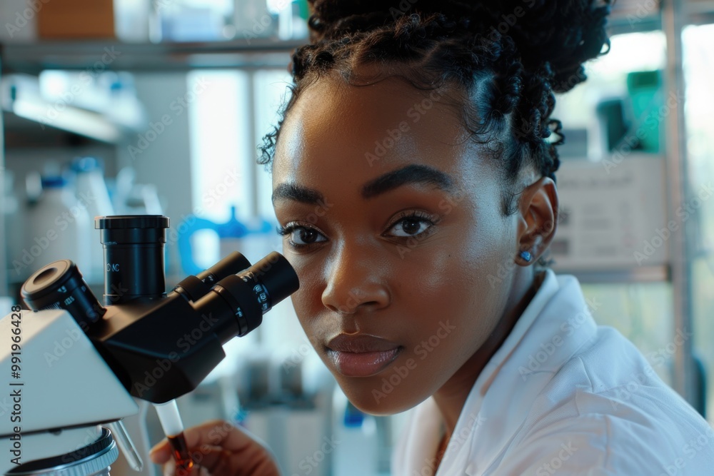 Poster a woman in a lab coat looks through a microscope, studying a microscopic sample