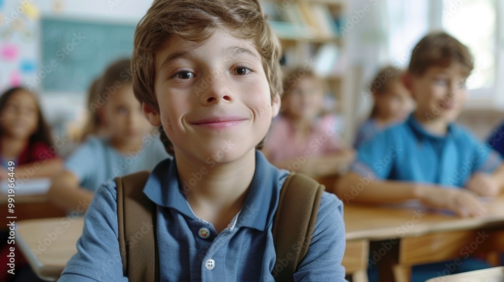 Poster A young boy sitting at a desk in a typical classroom setting