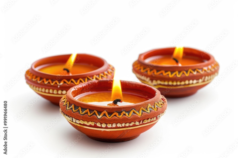 Poster three clay candles lit up on a white background, ideal for use in still life photography or as a dec