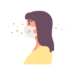 Young woman wearing protective face mask to prevent Airborne Transmission Virus. Concept of health care, pandemic, epidemic, sickness, illness, prevention, cold and flu. Flat vector illustration.