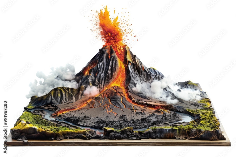 Poster a model of a volcanic eruption with flowing lava, suitable for use in scientific or educational cont