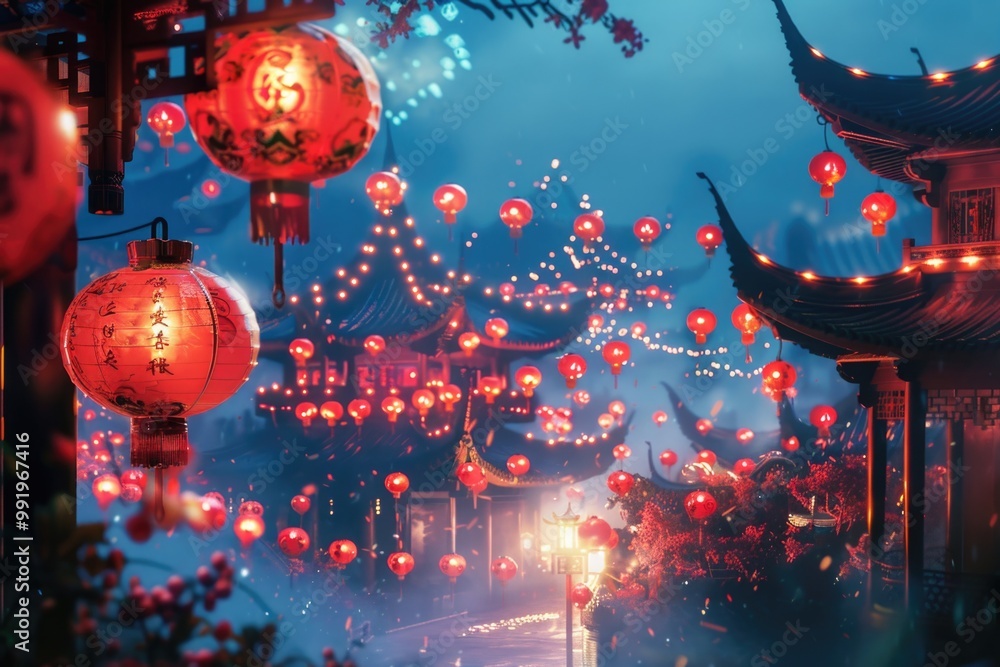 Poster a scene with many red lanterns hanging from the trees, suitable for a festive or celebratory atmosph