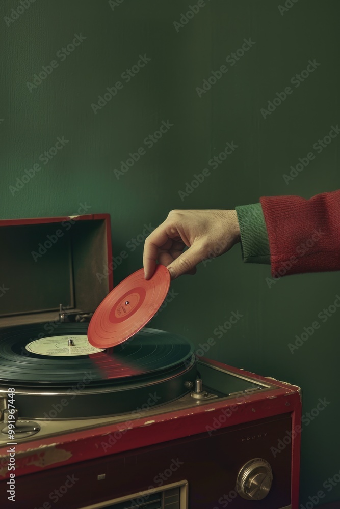 Poster a person holding a bright red frisbee in front of a vintage record player