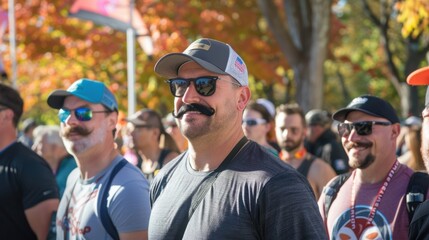 Charity Marathon Crowd with Movember Mustaches at Colorful Fall Event, Ideal for Posters and Promotions