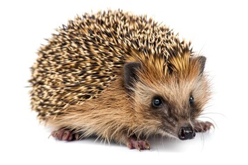 Obraz premium A small hedgehog sits on a white surface, great for illustrations or designs