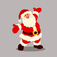 The illustration shows a joyful Santa Claus with his arms outstretched. He is wearing a red suit and dark boots.