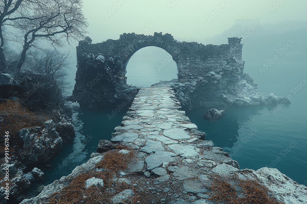 Aufkleber a split bridge where one side is intact and beautiful, and the other side is broken and in ruins, sy
