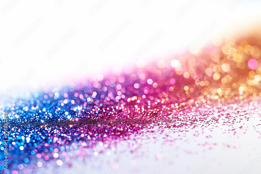 Poster sparkling particles of glitter blend in a stunning gradient, transitioning from blue to pink and yel