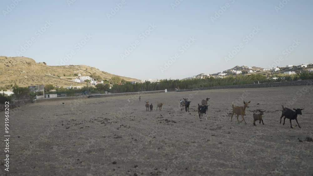 Poster slow motion shot of a group of goats running through a field in greece