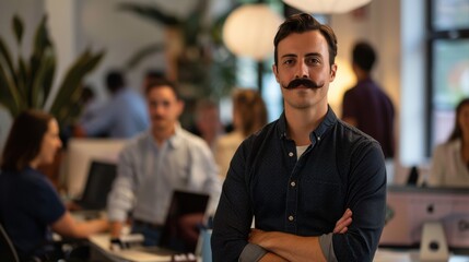 Fototapeta premium Modern Office Brainstorming Session with Diverse Young Professionals and Focus on Mustached Man