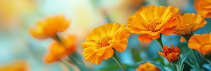 Fototapeta premium Vibrant orange flowers bloom in a bright, cheerful garden. The colors pop against a soft, blurred background. Perfect for nature lovers and floral enthusiasts. AI