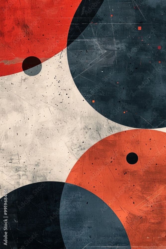 Poster abstract art featuring geometric shapes and circles on a wall