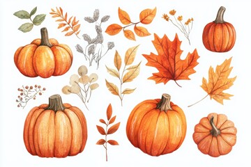 watercolor set with intricate autumn leaves and pumpkins, perfect for a cozy concept banner