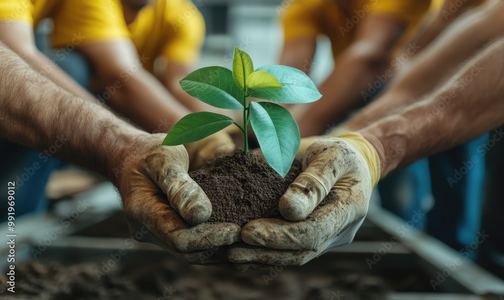 Wall mural cultivating progress: a team effort in planting seedlings for sustainable growth