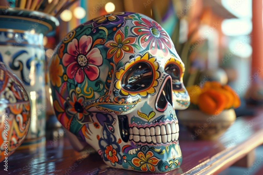 Poster a decorative skull sits atop a rustic wooden table, perfect for adding a pop of color to any room or