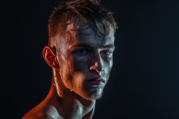 Close-up shot of a man's face with water droplets
