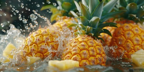 A group of pineapples floating on the surface of calm water, great for use in food or drink-related scenes